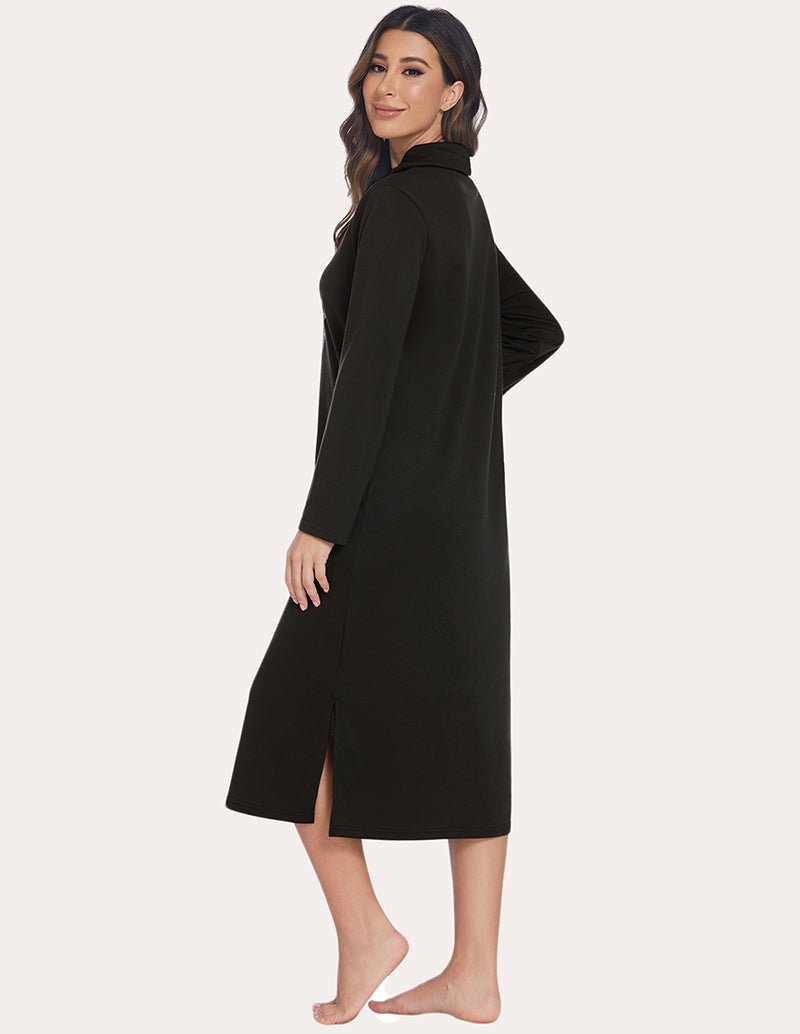 Warm high-neck sleep dress in black, side view, long sleeves, hood with drawstring