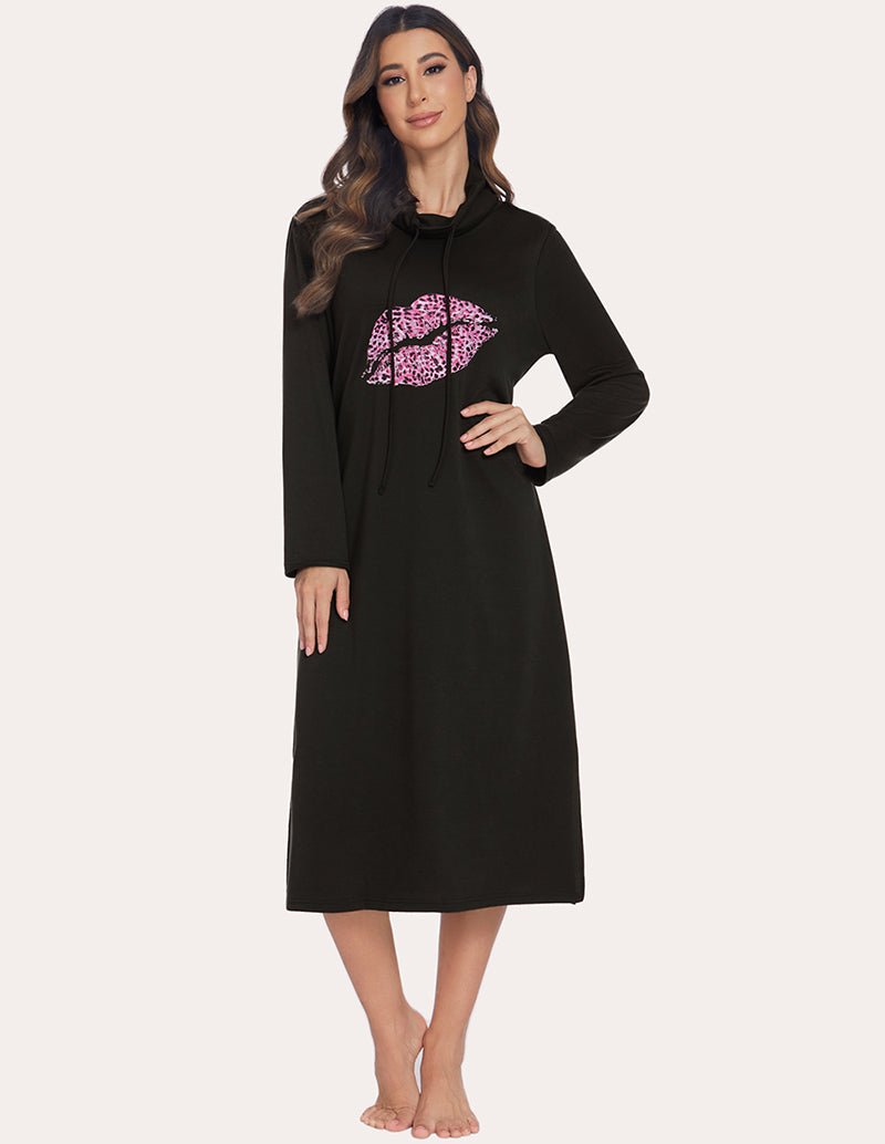 Warm high-neck sleep dress in black, front view, hood with drawstring, long sleeves