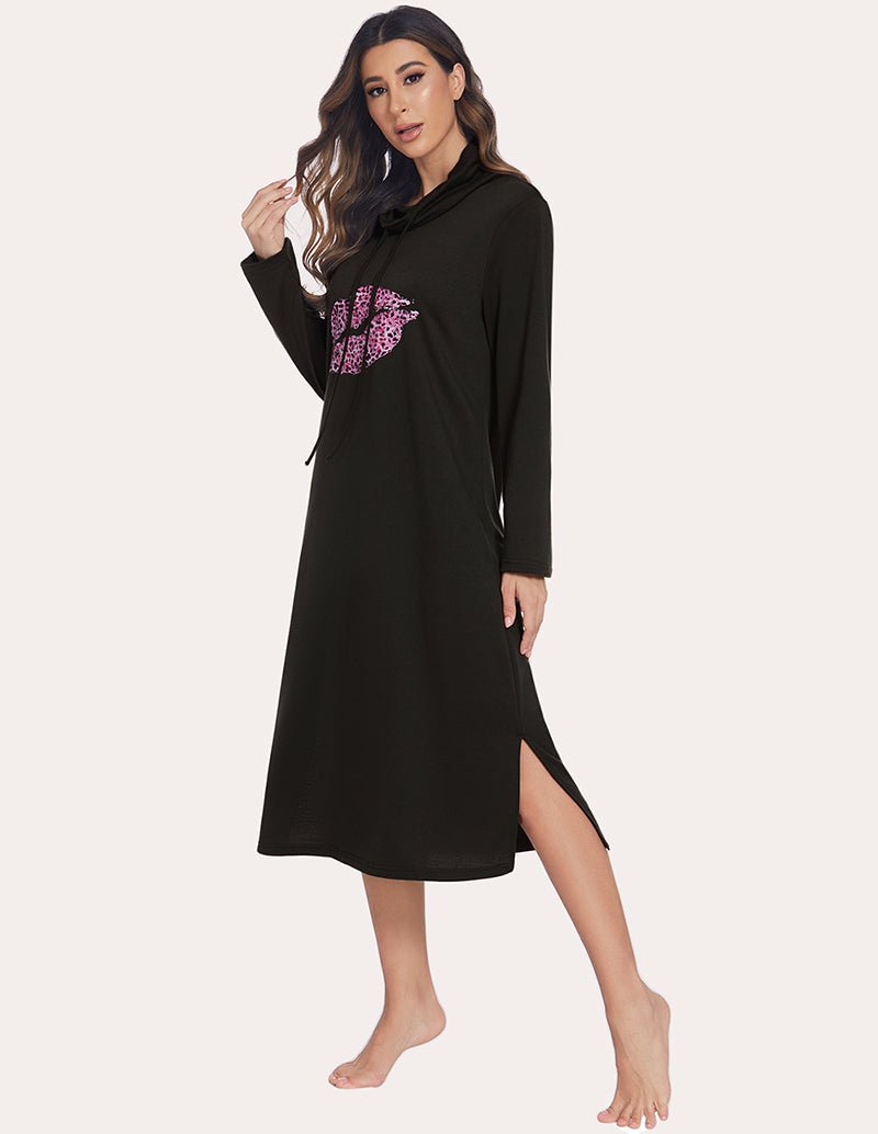 Warm high-neck sleep dress in black, 3/4 view, side slit hem, hood and drawstring