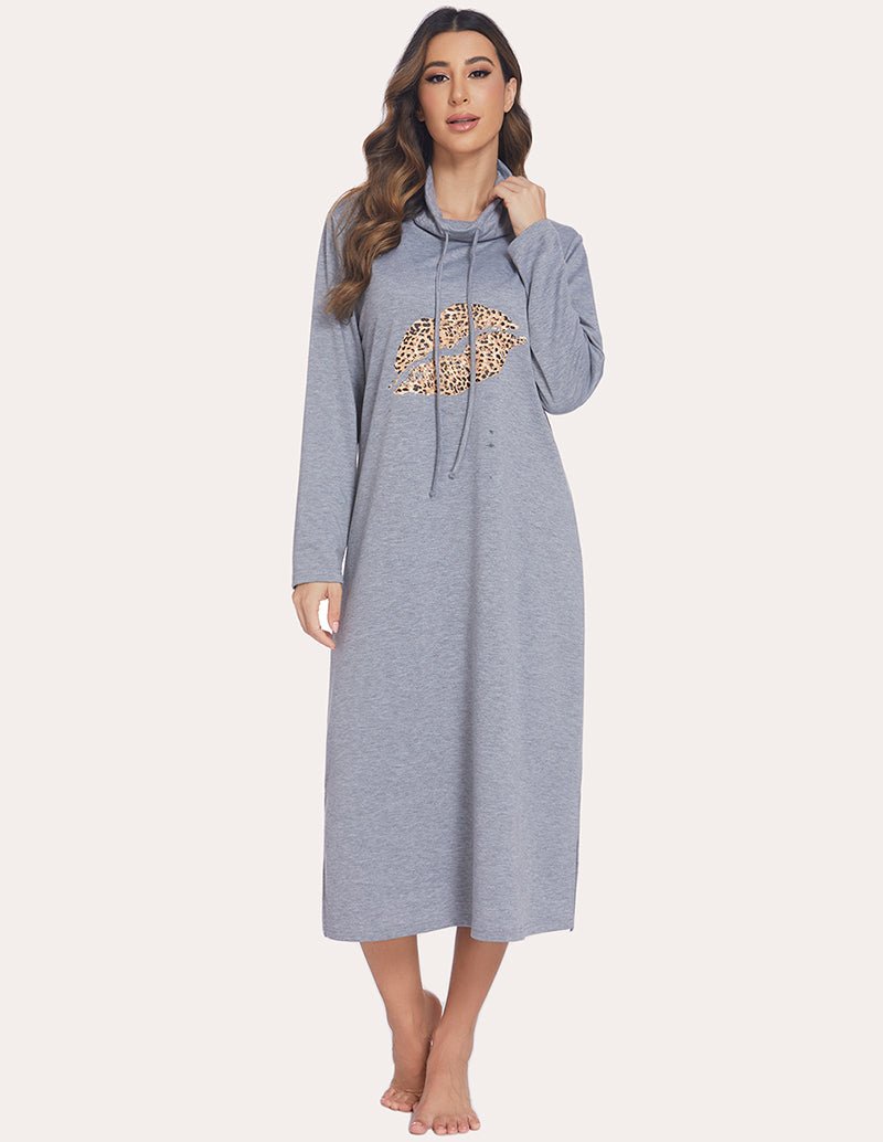 Warm sleep dress in light grey with high neck hood, long sleeves, and leopard-print chest graphic.