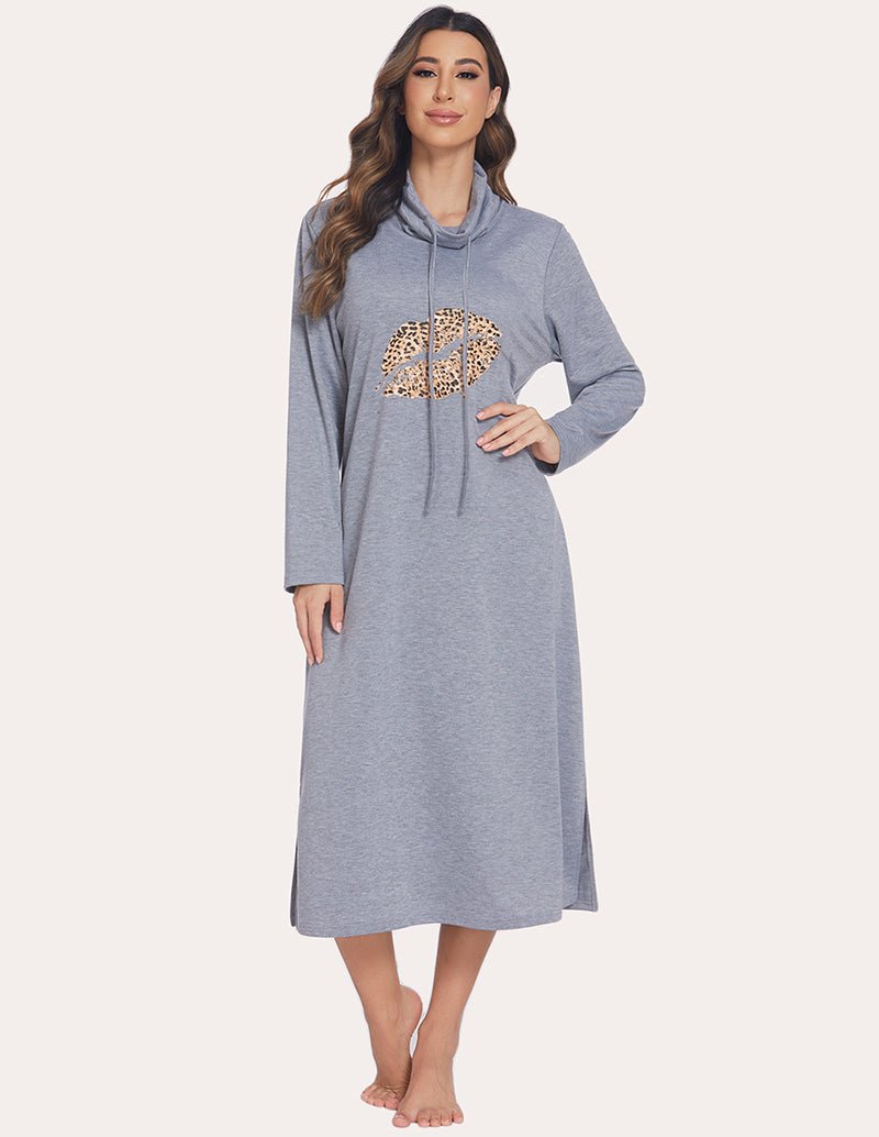 Warm sleep dress in light grey with high neck hood, long sleeves, and leopard-print chest graphic.