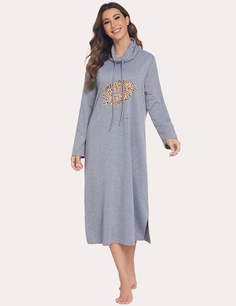 Warm sleep dress in light grey with high neck hood, long sleeves, and leopard-print chest graphic.