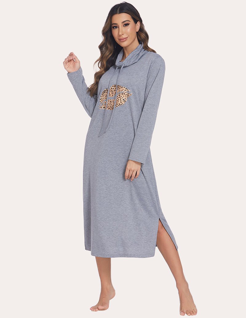 Warm sleep dress in light grey with high neck hood, long sleeves, side slit, and leopard-print chest graphic.