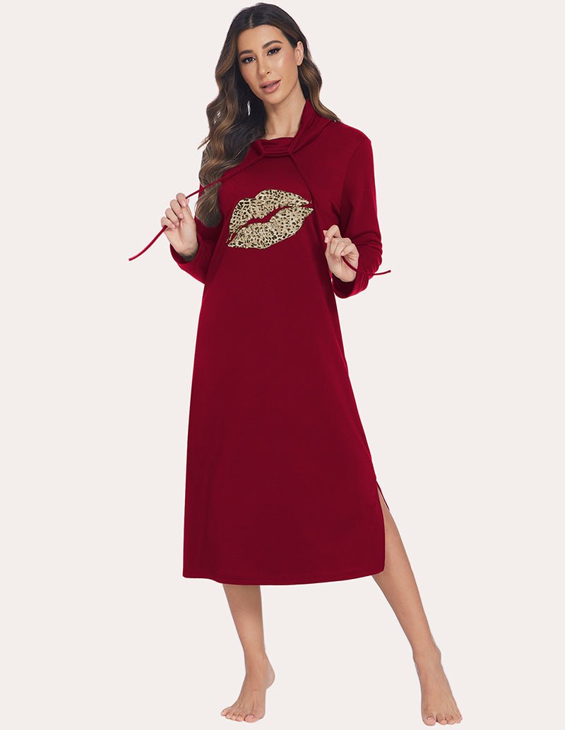 Warm sleep dress in wine red with high neck hood, long sleeves, and leopard-print chest graphic.