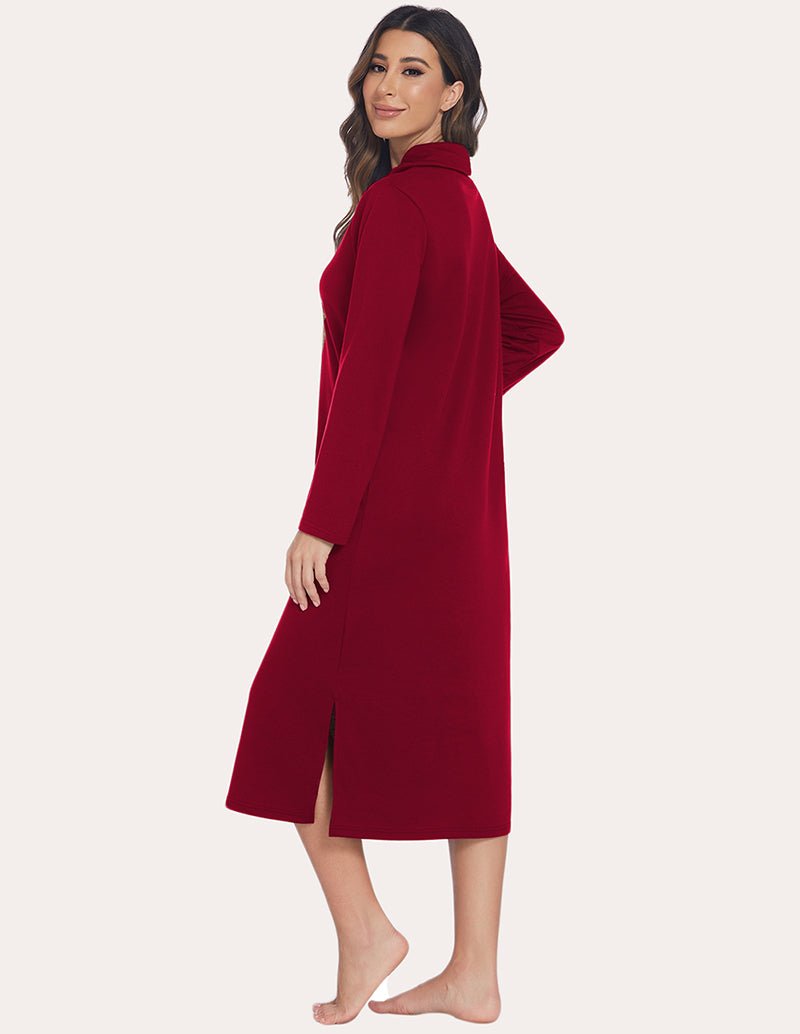 Warm sleep dress in wine red with high neck hood and long sleeves, showing side slit.