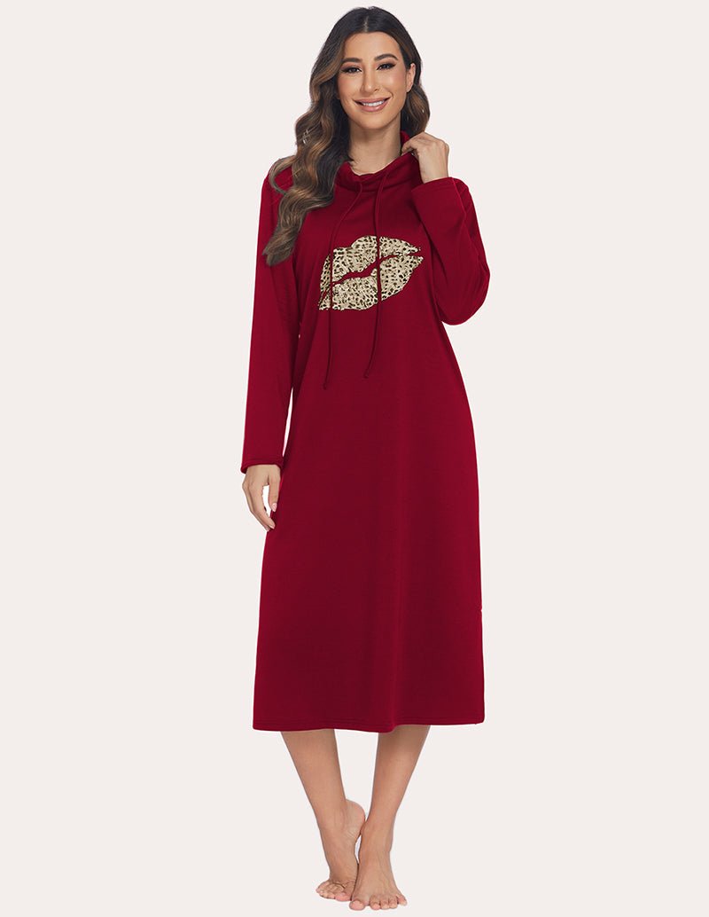 Warm sleep dress in wine red with high neck hood, long sleeves, and leopard-print chest graphic.