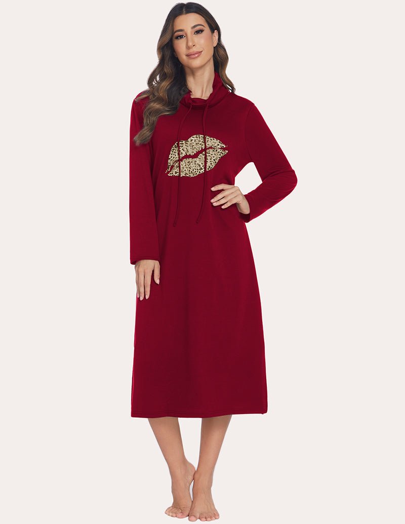 Warm sleep dress in wine red with high neck hood, long sleeves, and leopard-print chest graphic.