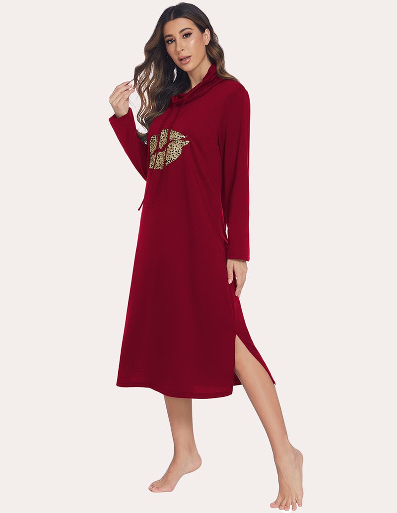 Warm sleep dress in wine red with high neck hood, long sleeves, and side slit at hem.