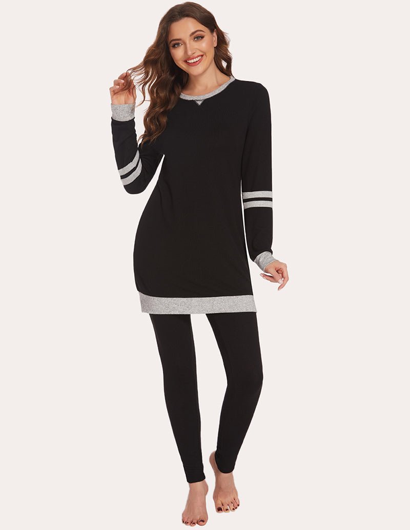 Black long-sleeve pajama tunic top with striped cuffs and matching leggings