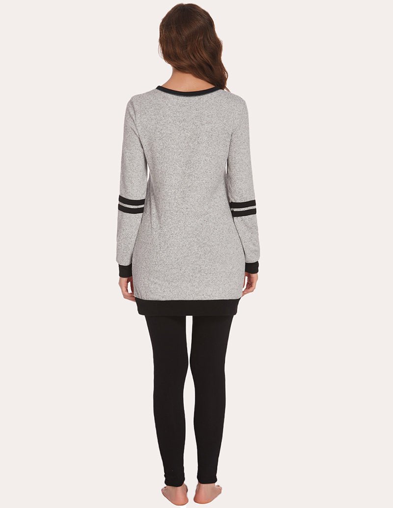 Heather gray long-sleeve pajama tunic top with striped cuffs from back and black leggings