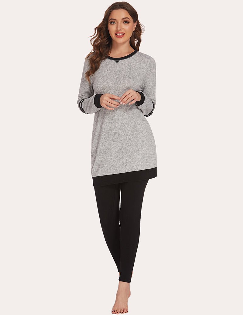 Heather gray long-sleeve pajama tunic top with striped cuffs and black leggings