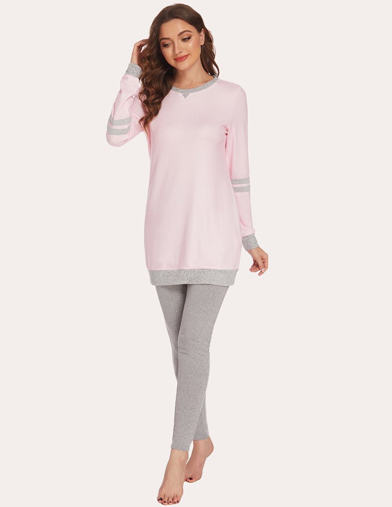 Women’s warm pajama set, pink long-sleeve tunic top and gray leggings