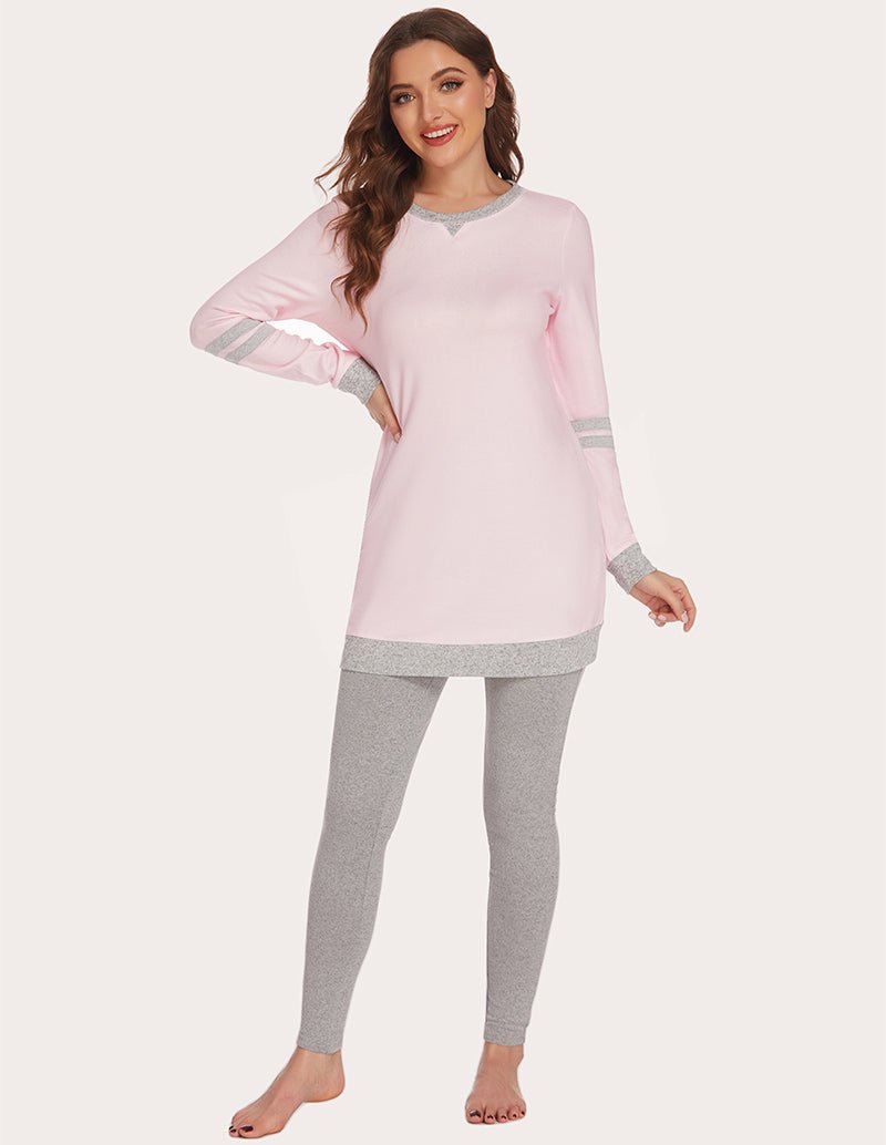 Light pink long-sleeve pajama tunic top with striped cuffs and gray leggings
