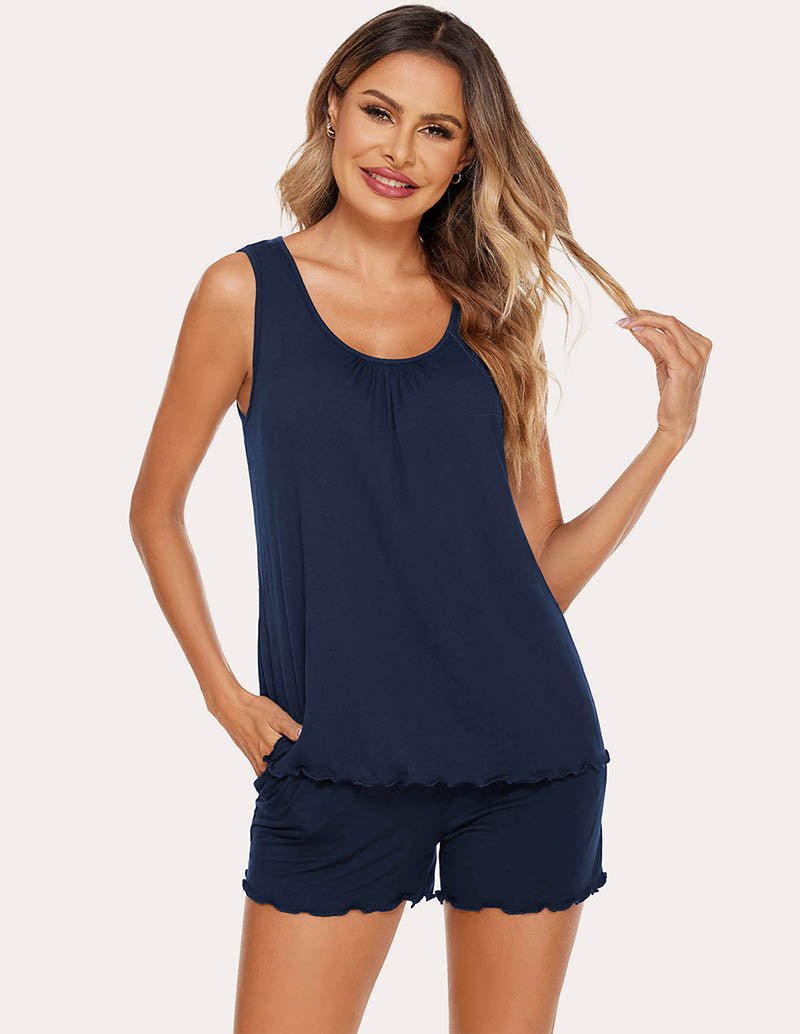 Wide-strap tank and short pajama set, navy sleeveless top with scalloped bottom hem and shorts