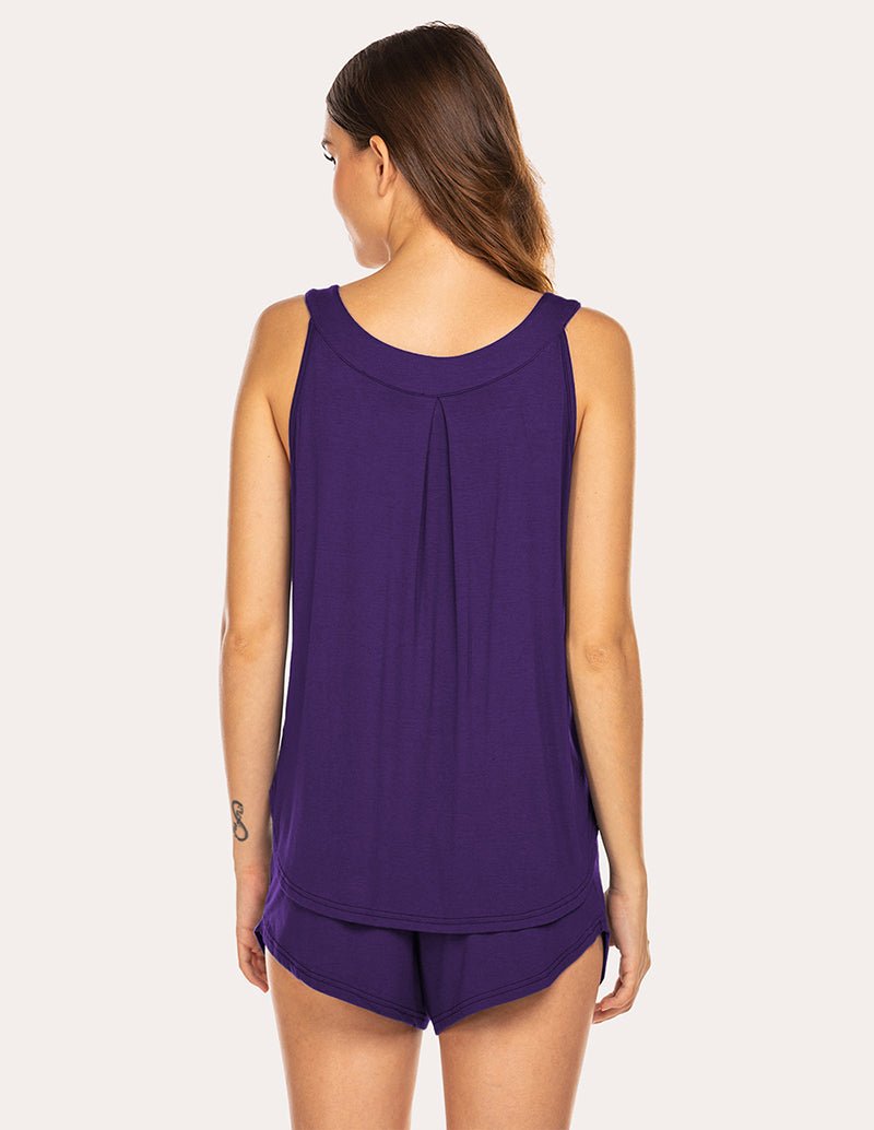 Purple wide-strap pajama tank and matching sleep shorts set, back view on model