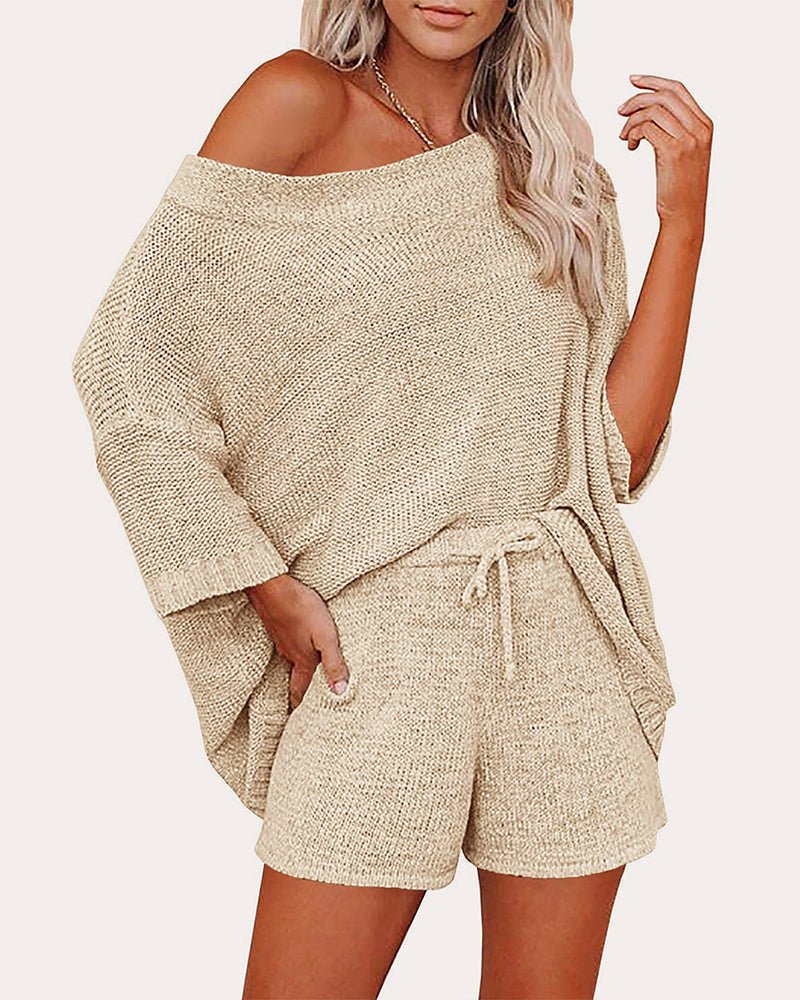 Apricot 2pc sweater set: off-shoulder knit top & drawstring shorts, side-tied waist