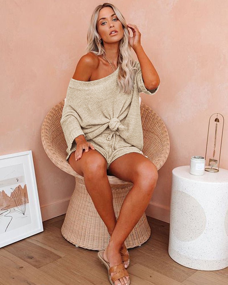 Apricot 2-piece sweater set with off-shoulder knit top and drawstring shorts