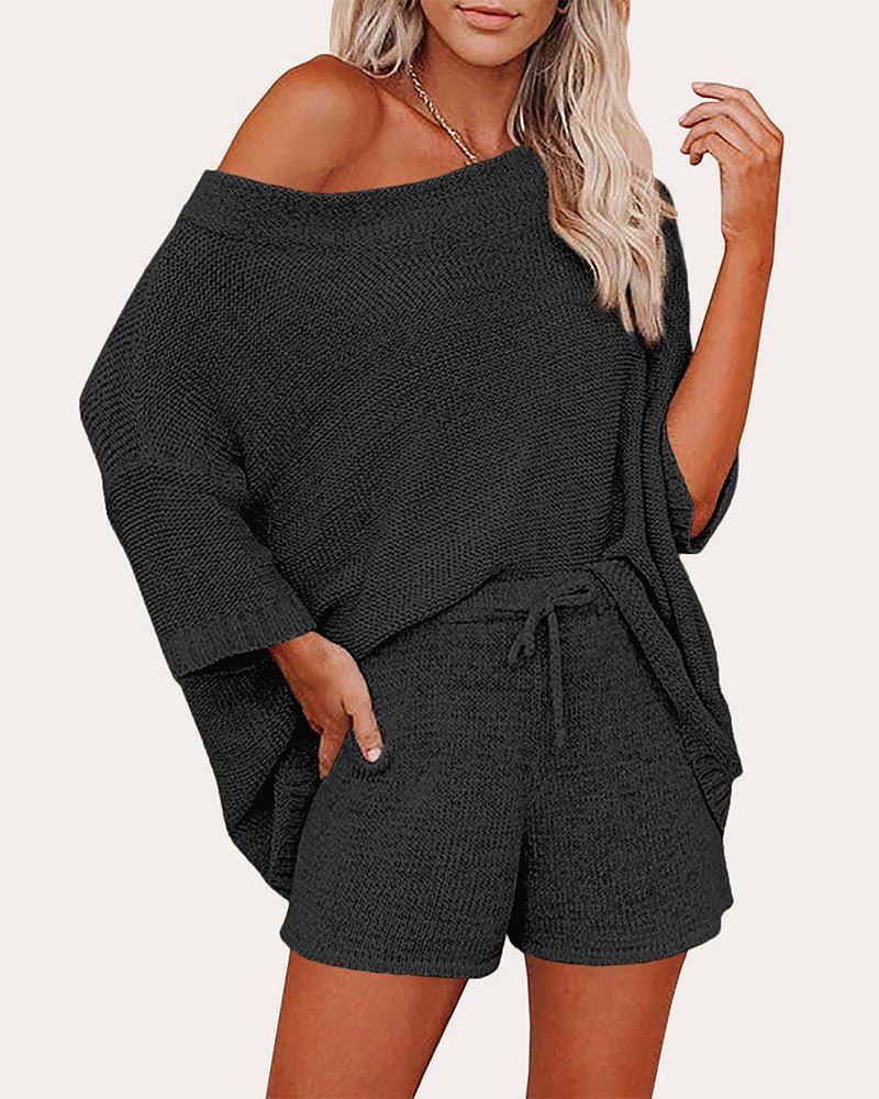 Black off-shoulder sweater and drawstring shorts set, long sleeves