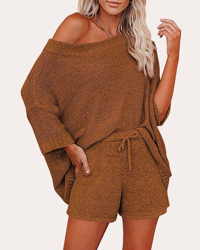 Brown off-shoulder sweater and drawstring shorts set, long sleeves