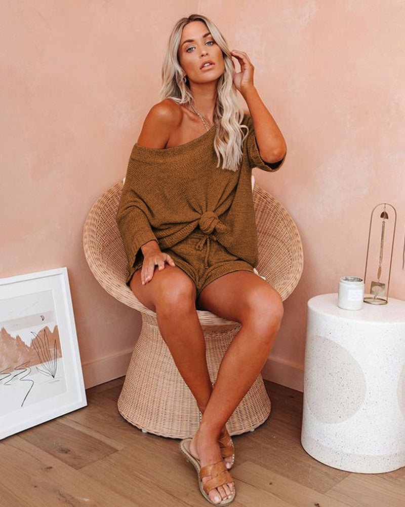 Brown off-shoulder sweater and drawstring shorts set with tied waist