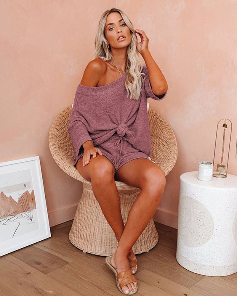 Mauve off-shoulder sweater and drawstring shorts set, long sleeves