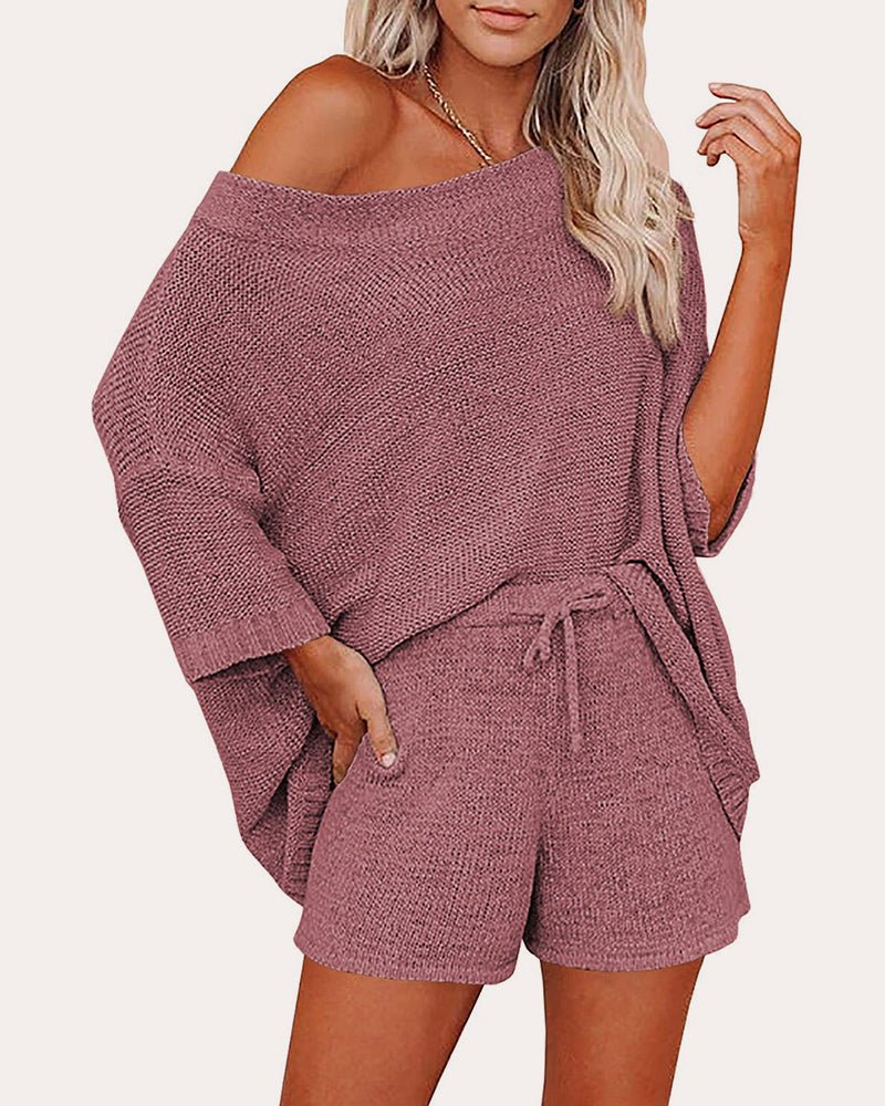 Rose mauve off-shoulder sweater and drawstring shorts set, long sleeves