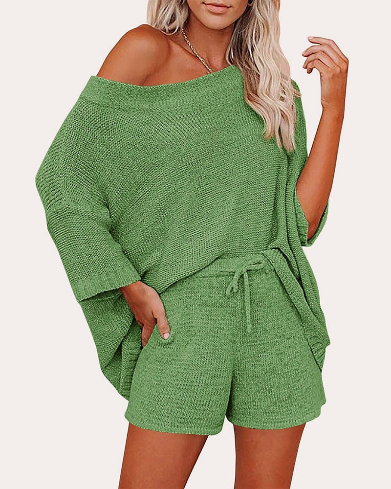Green off-shoulder sweater and drawstring shorts set, long sleeves