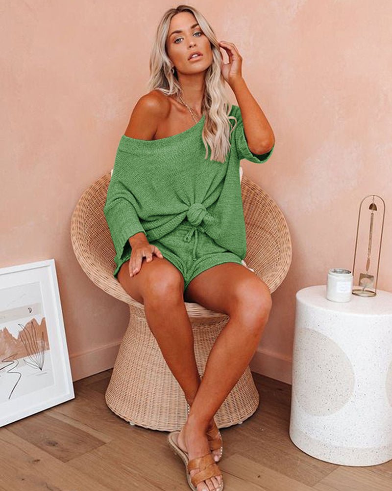 Women’s green knit sweater set: off-shoulder top with front knot and matching shorts