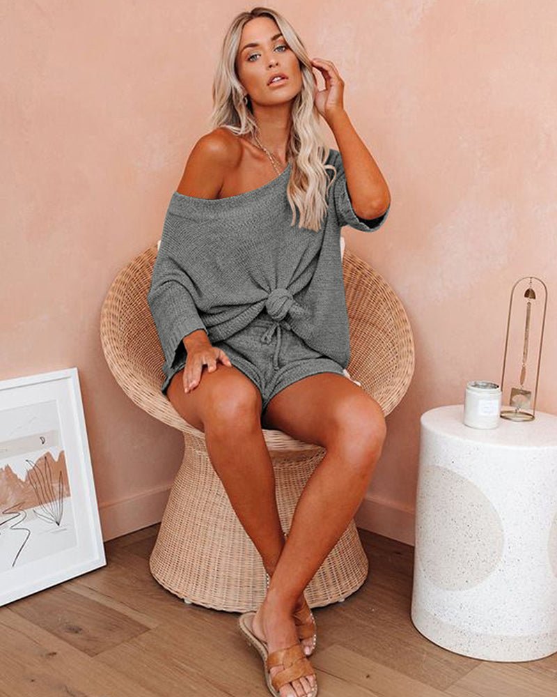 Women’s dark grey knit sweater set: off-shoulder top with front knot and matching shorts