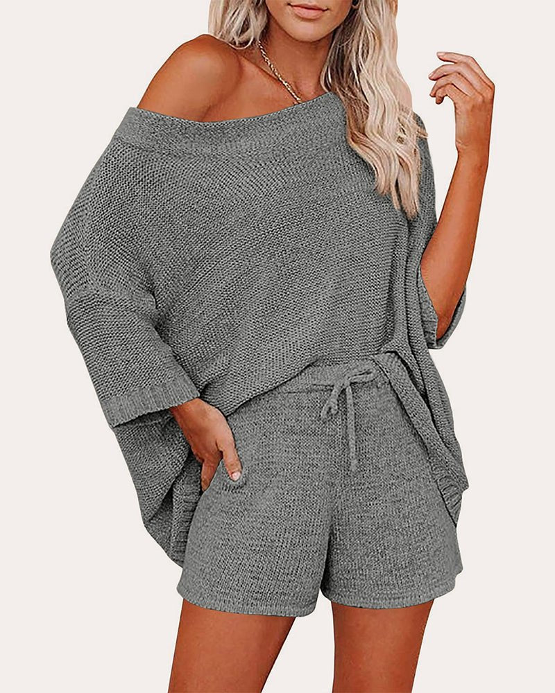 Women’s grey knit sweater set: off-shoulder top and drawstring-waist matching shorts