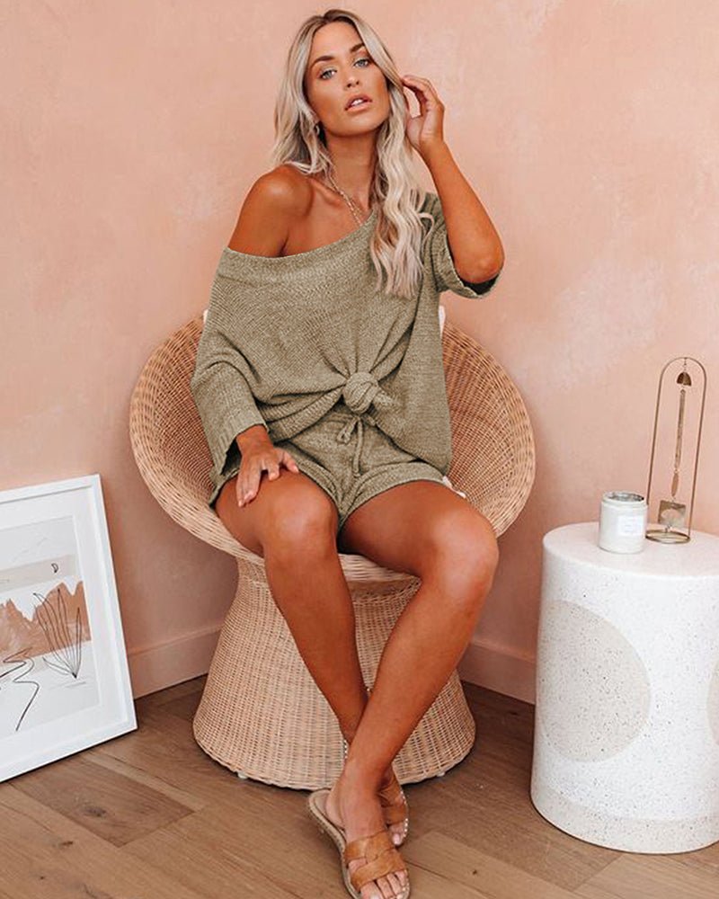Women’s beige knit sweater set: off-shoulder top with front knot and matching shorts