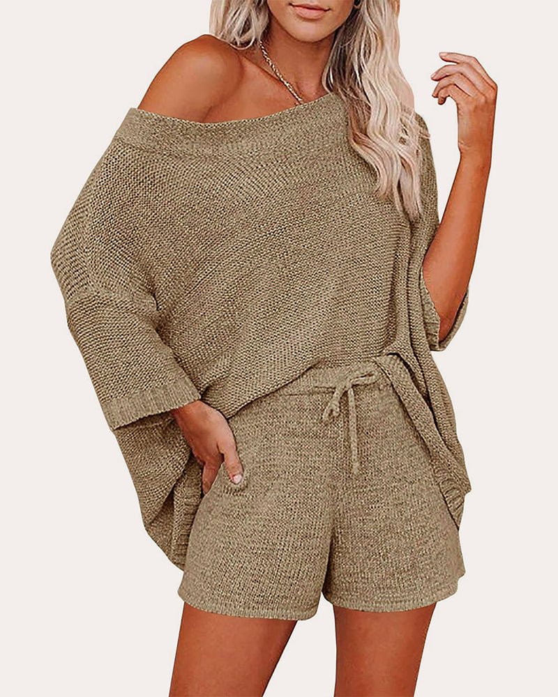 Women’s khaki knit sweater set: off-shoulder top with front knot and matching shorts