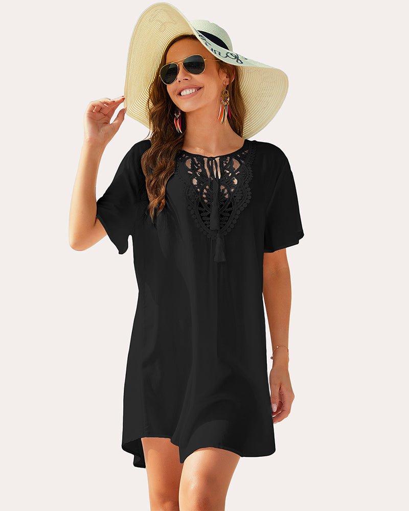 Lace V-neck beach cover-up dress, black, embroidered neckline