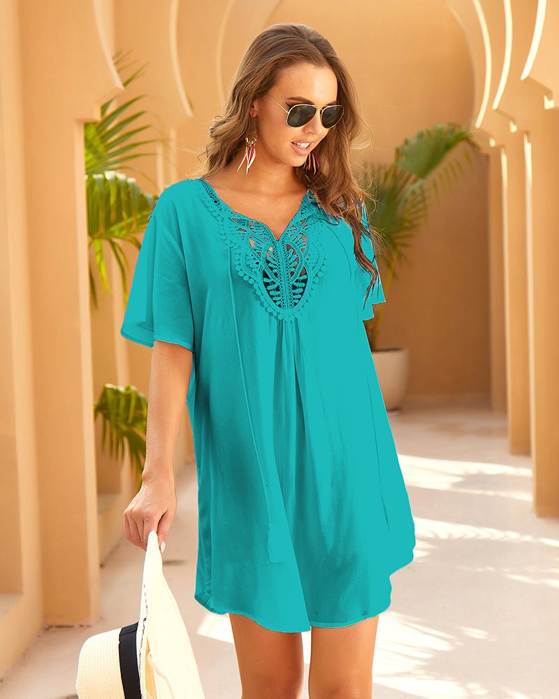 Teal-green V-neck beach cover-up dress with lace yoke, relaxed fit