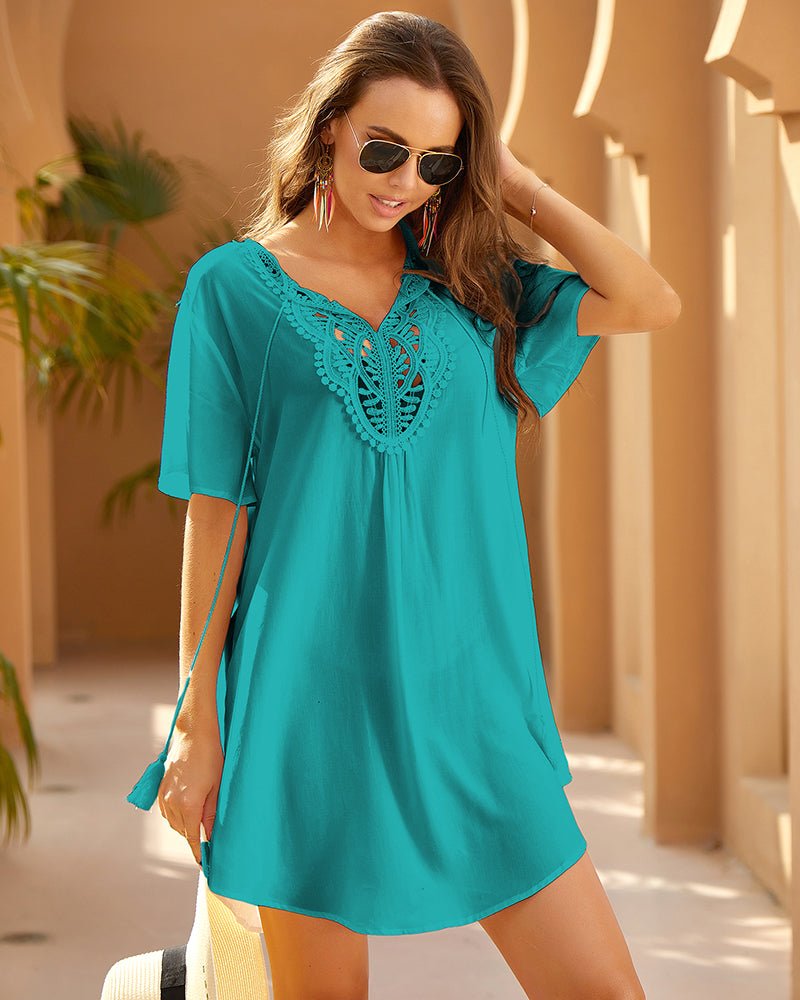 Teal-green short-sleeve cover-up dress with scalloped lace neckline
