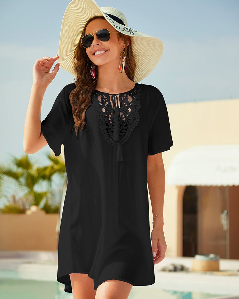 Black lace V-neck cover-up dress, short sleeves and embroidered neckline