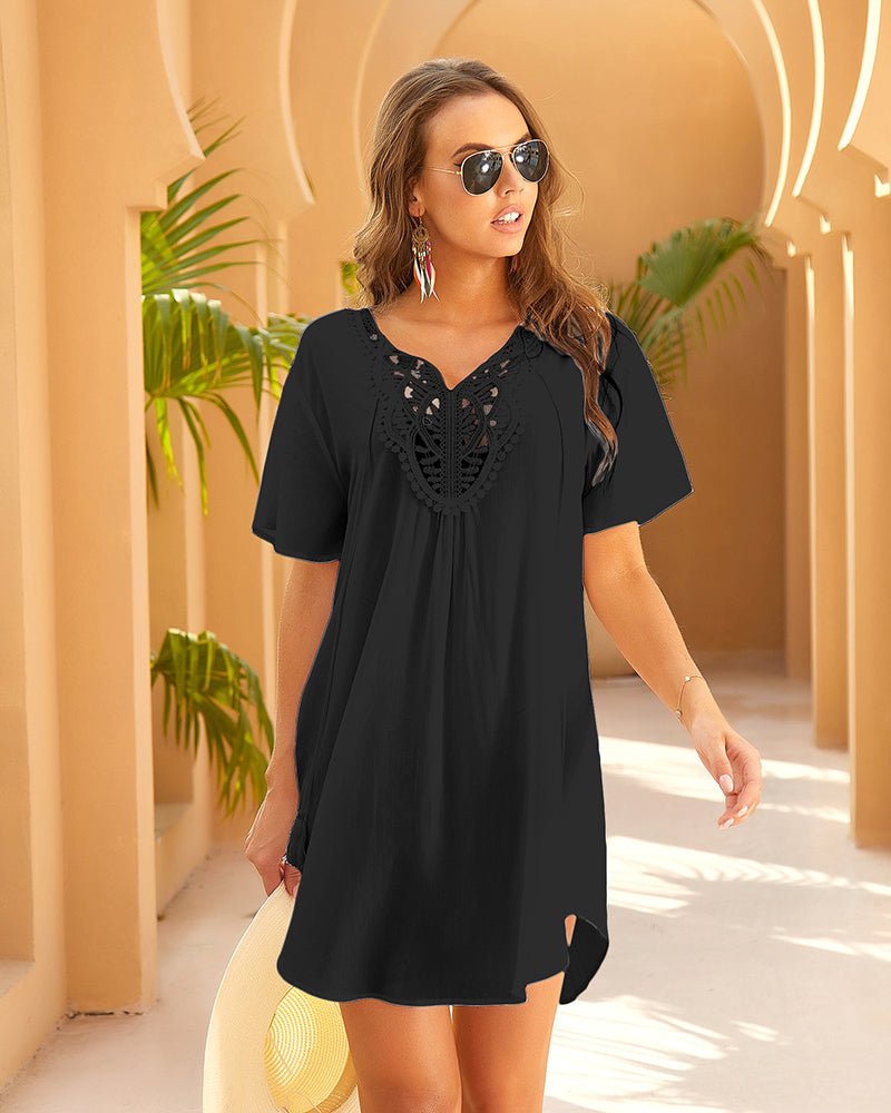 Black lace V-neck cover-up dress with decorative front embroidery