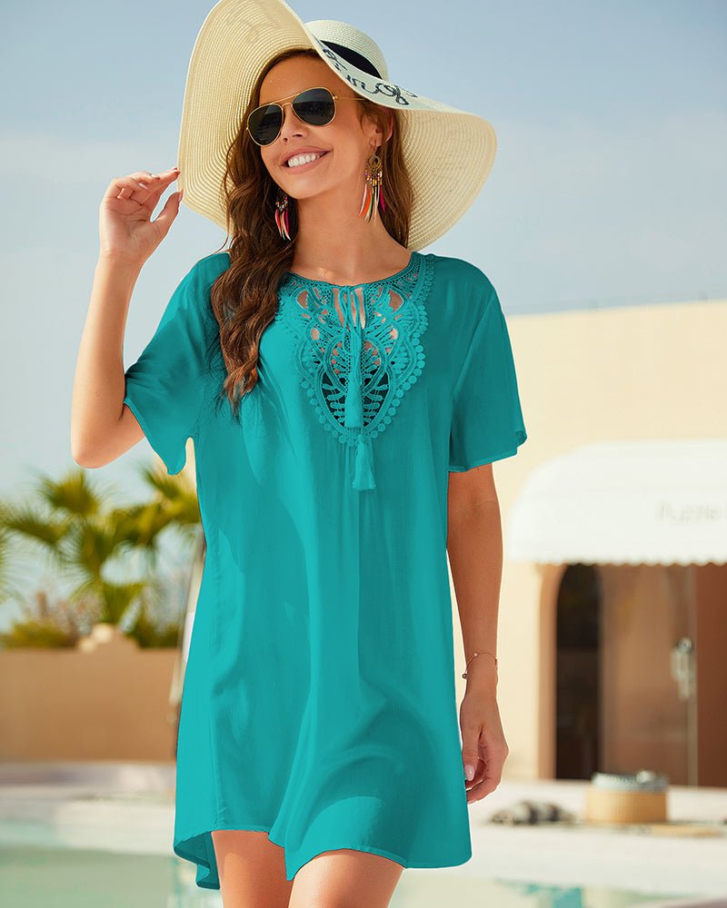 Teal-green lace V-neck cover-up dress with short sleeves and tassel trim