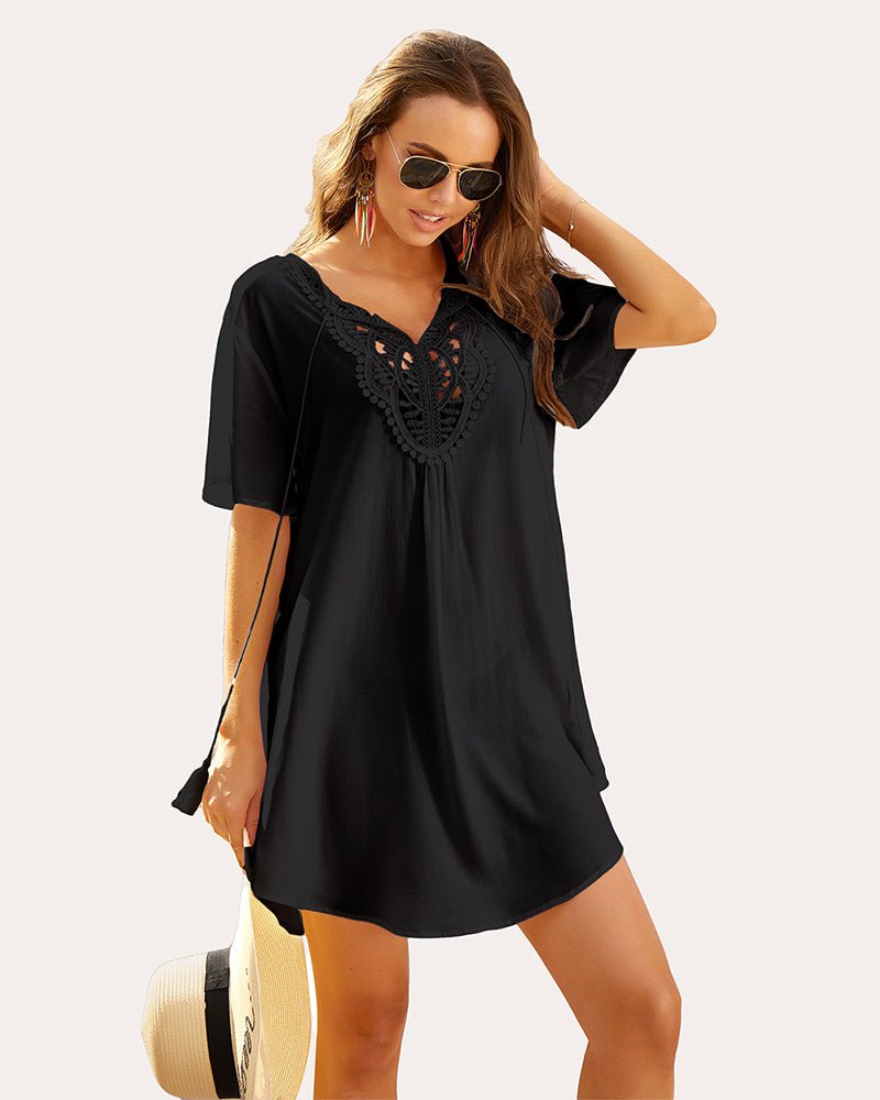 Black lace V-neck beach cover-up dress with decorative front embroidery