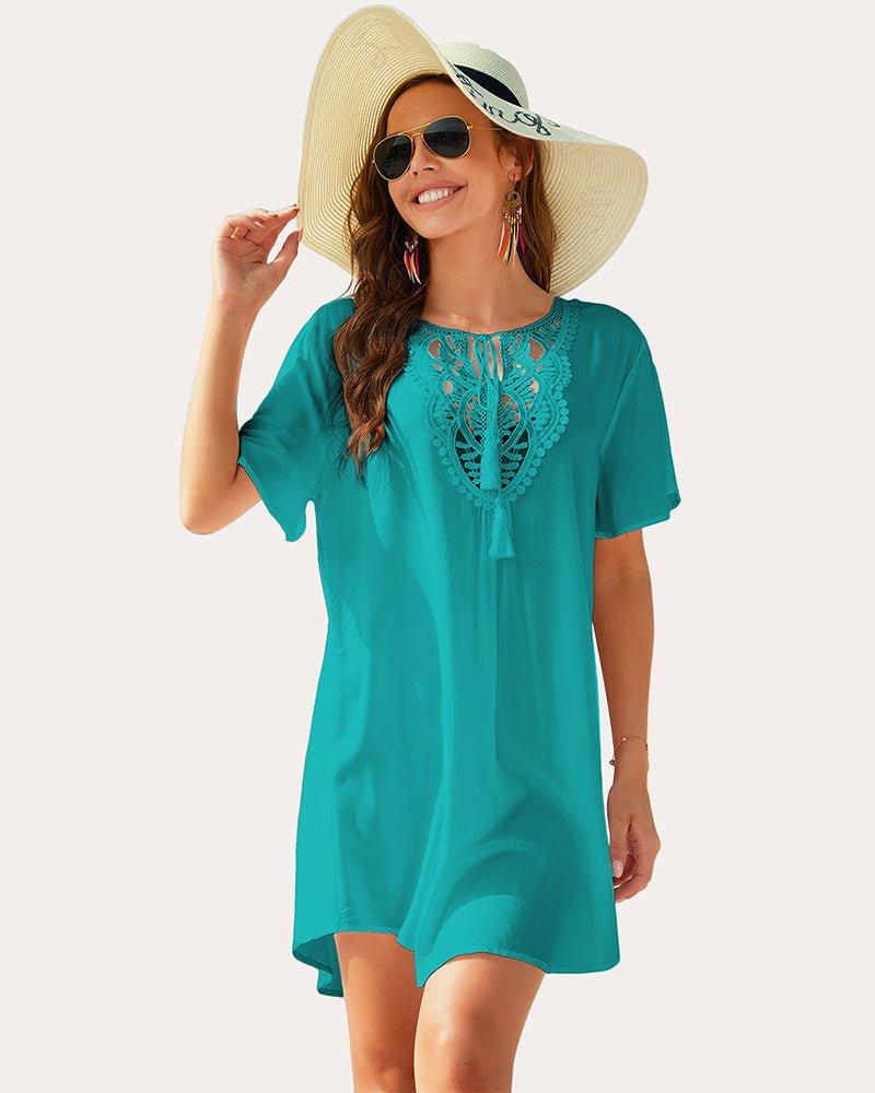 Lace V-neck beach cover-up dress, teal-green, flutter sleeves