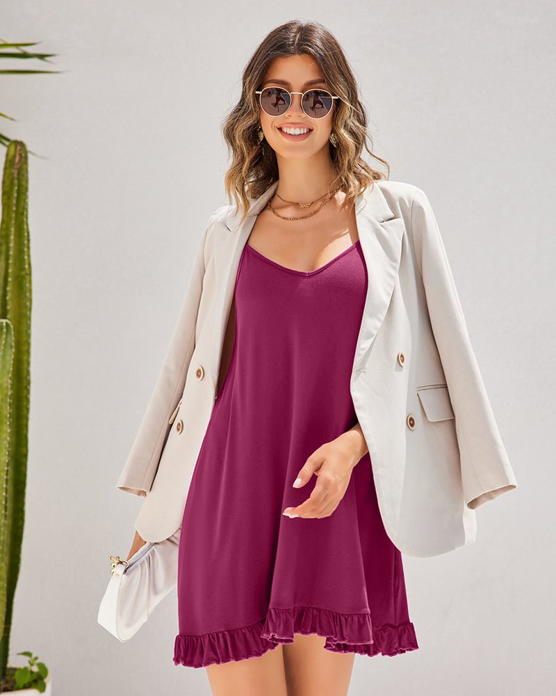 Wine red satin chemise nightgown with ruffle-trim hem and spaghetti straps