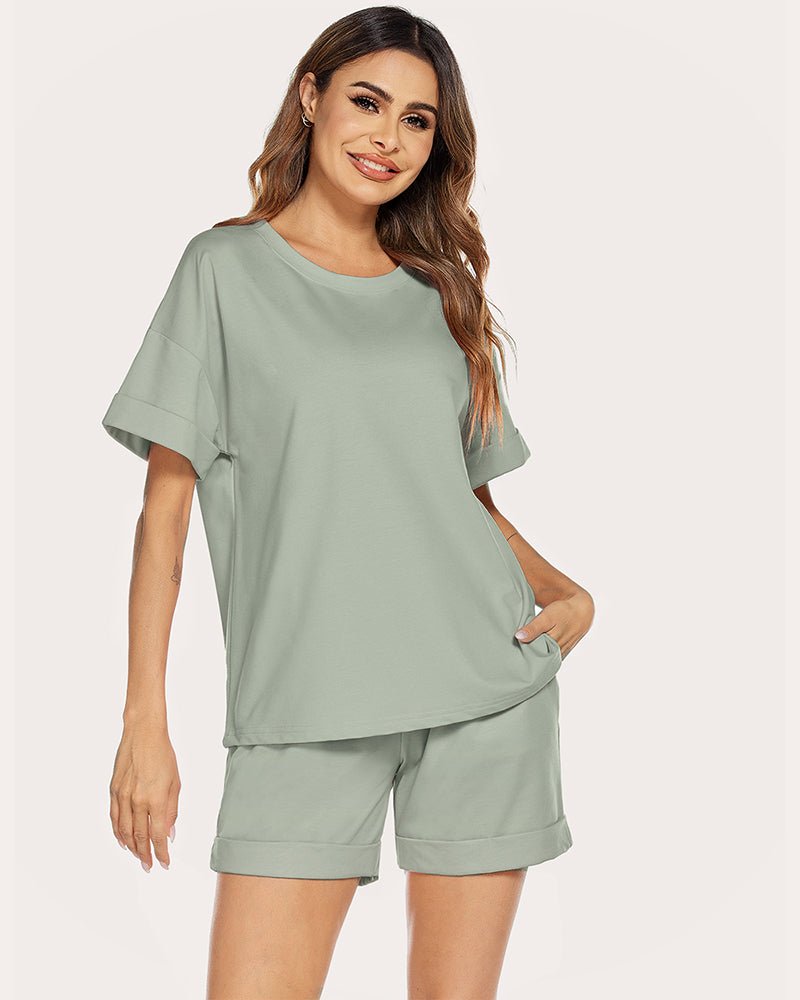 Light green cotton lounge set with short-sleeve T-shirt and matching shorts