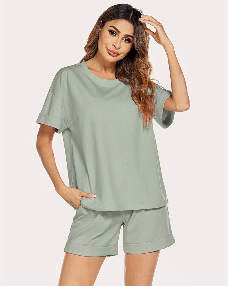 Women’s cotton lounge set in light green, relaxed crewneck tee and shorts
