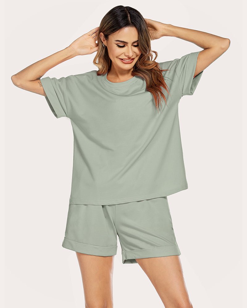 Women’s cotton lounge set in light green: tee and matching shorts