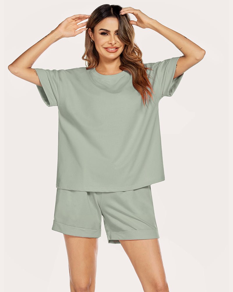 Light green cotton lounge set with relaxed T-shirt and matching shorts, front view