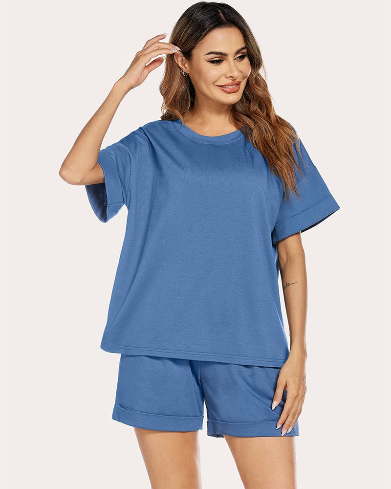 Blue cotton lounge set with loose T-shirt and matching shorts