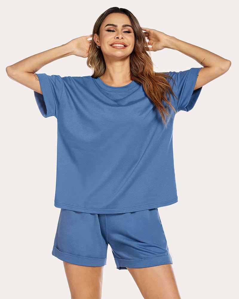 Blue cotton lounge set with short-sleeve tee and matching shorts