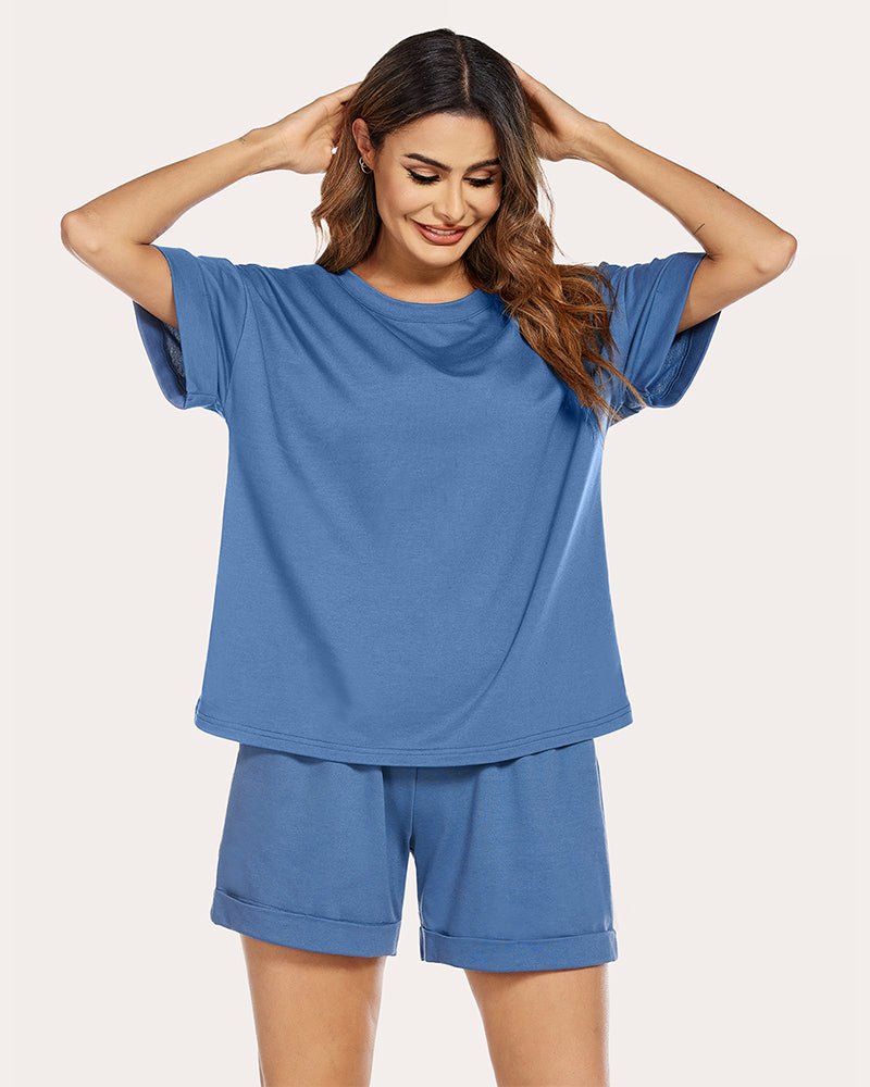 Blue cotton lounge set with oversized T-shirt and relaxed matching shorts