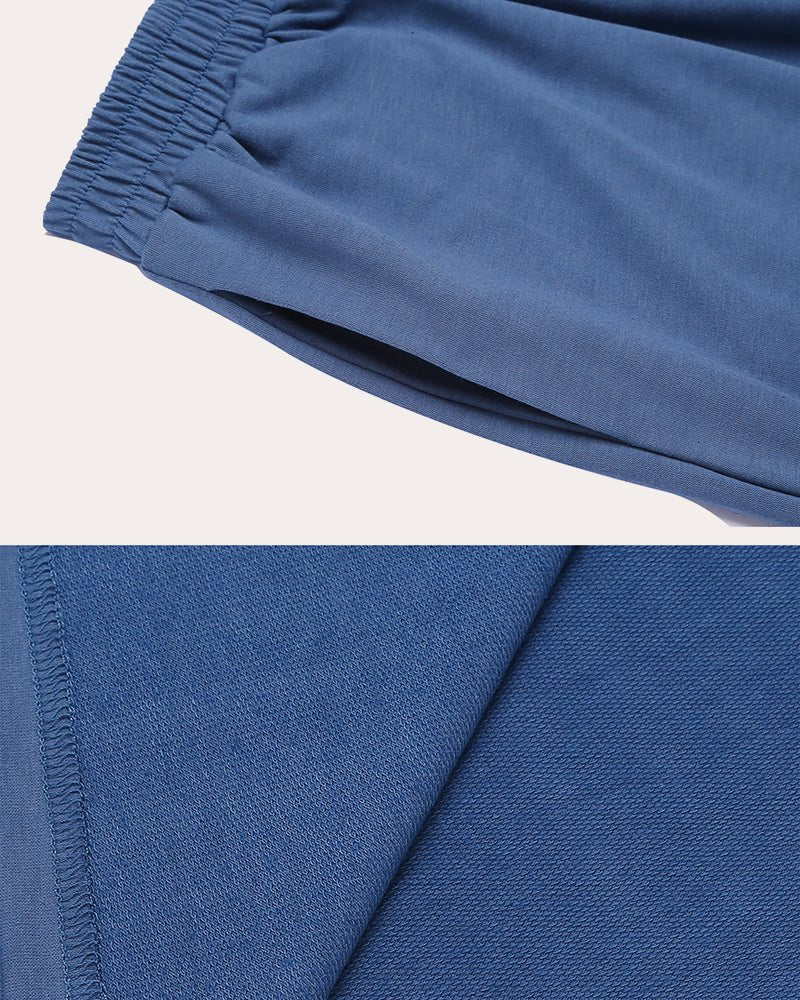 Blue cotton lounge set fabric close-up with elastic waistband detail