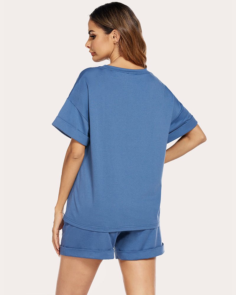 Blue cotton lounge set, short-sleeve T-shirt and shorts shown from the back